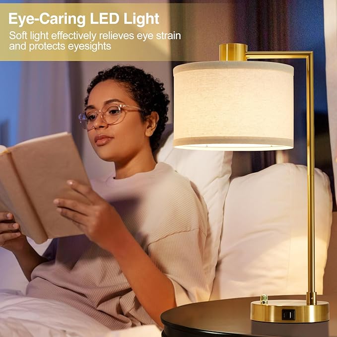 Luvkczc Table Lamp for Bedroom Set of 2 with USB C+A Ports, Fully Stepless Dimmable Bedside Lamp with Linen Lampshade, Nightstand Lamp for Living Room Reading Office, 2 LED Bulbs Included (Gold)