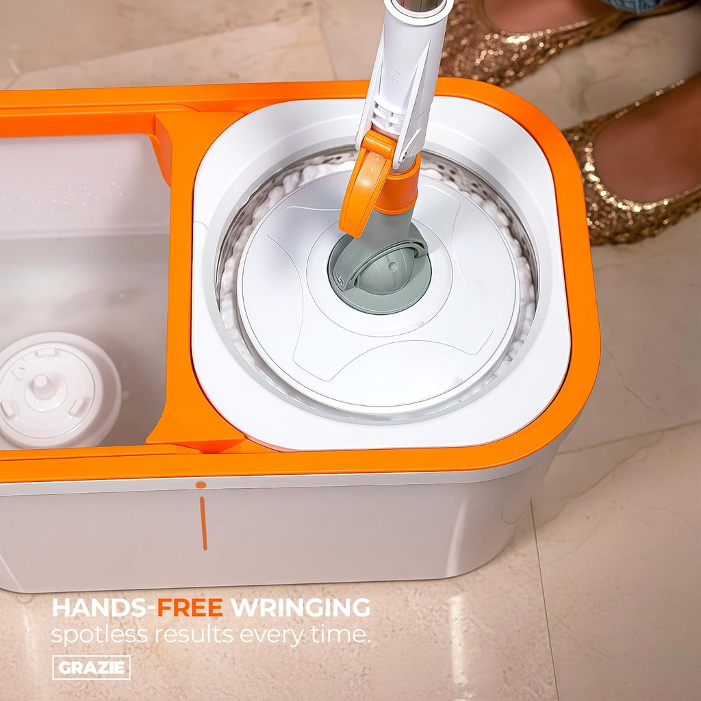 Spin Mop and Bucket Set Cleaning System Wringer 360 Microfiber Mop with Stainless Steel Handle Self Wringing Bucket for Tile Hardwood Laminate Floors Includes 2 Mop Head Refills