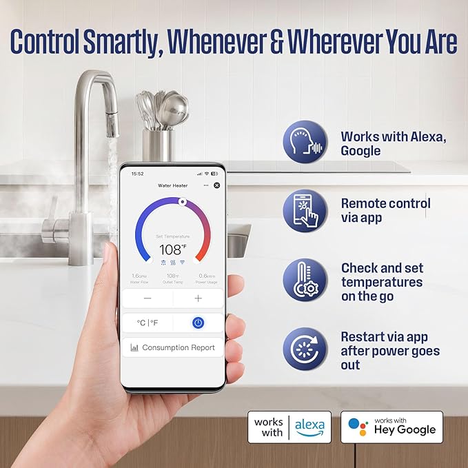 Westinghouse 6.5kW 240V Tankless Water Heater Electric,Wi-Fi Enabled, APOLO Mini-6.5k，Instant Hot Water Heater, Gray