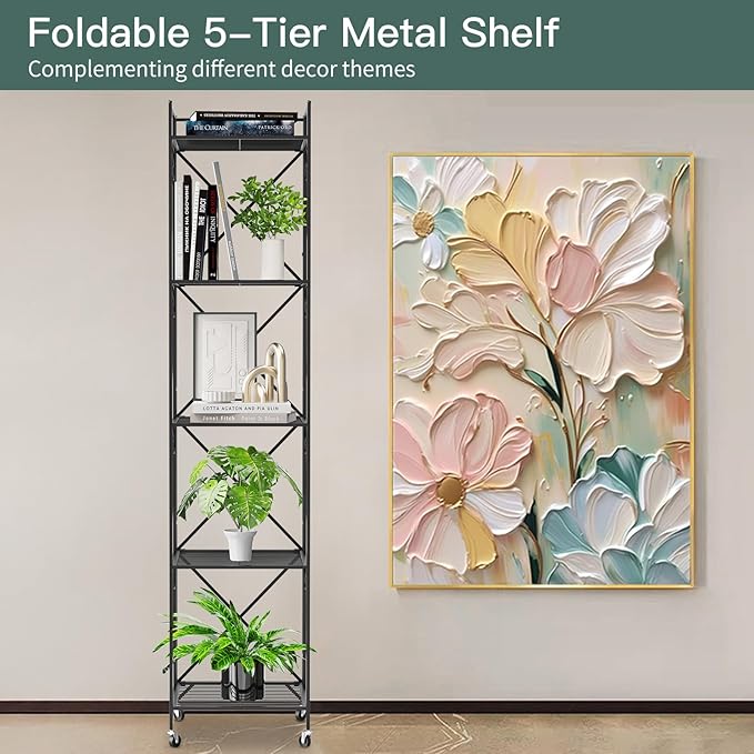 5-Tier Foldable Metal Wire Storage Shelf – No Assembly Required | 71" Tall x 16"x 16"| Space-Saving Organizer for Room, Dark Black