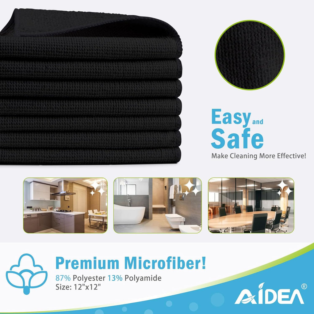 AIDEA Microfiber Cleaning Cloth-12PK, Soft Microfiber Towels for Cars, Absorbent Cleaning Rags, Lint-Free Streak-Free Wash Cloths for House, Kitchen, Window(12in.x12in), Black