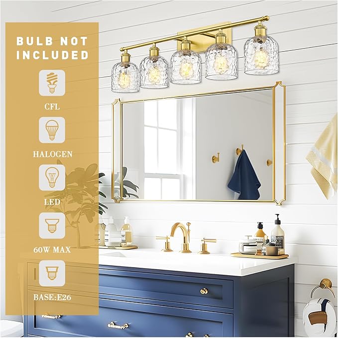 zeyu 34.8'' Gold Bathroom Wall Light, 5 Light Bathroom Vanity Light for Mirror Living Room, Brushed Gold Finish with Clear Hammered Glass, ZJF63B-5W BG