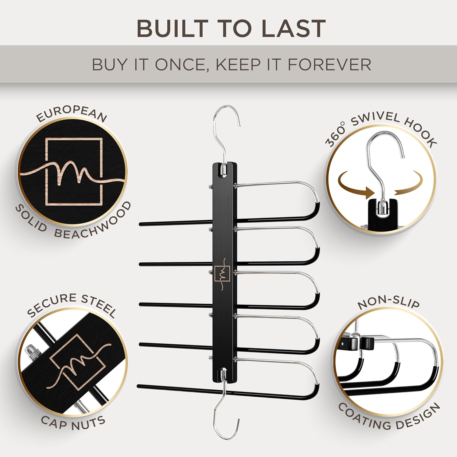 MORALVE Pants Hangers Space Saving - 2 Pack European Beechwood Scarf and Jean Hangers - Closet Organizer and Space Saver Pant Rack, Leggings Hanger, and Scarf Holder with 360° Swivel Hook