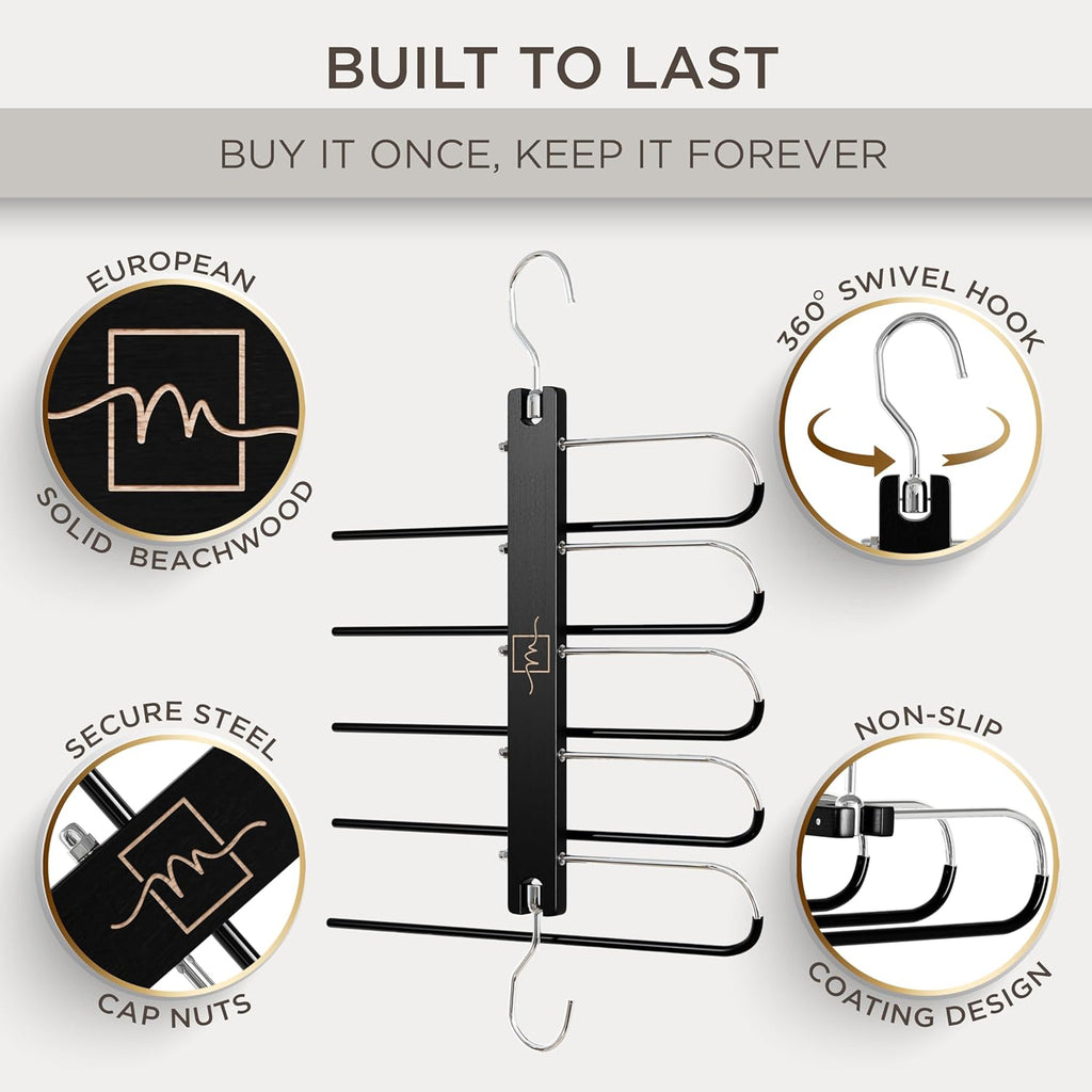 MORALVE Pants Hangers Space Saving - European Beechwood Scarf and Jean Hangers - Closet Organizer and Space Saver Pant Rack, Leggings Hanger, and Scarf Holder with 360° Swivel Hook (1 Pack)