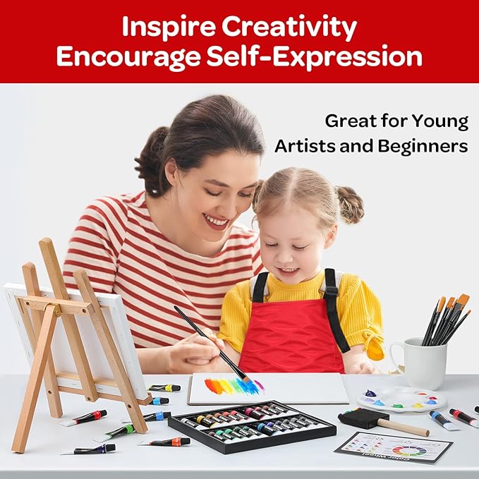 59pcs Acrylic Paint Set - Art Supplies Kit with 24 Non-Toxic Paints, Easel, Brushes, Canvas for Kids, Artists and Beginners, Red