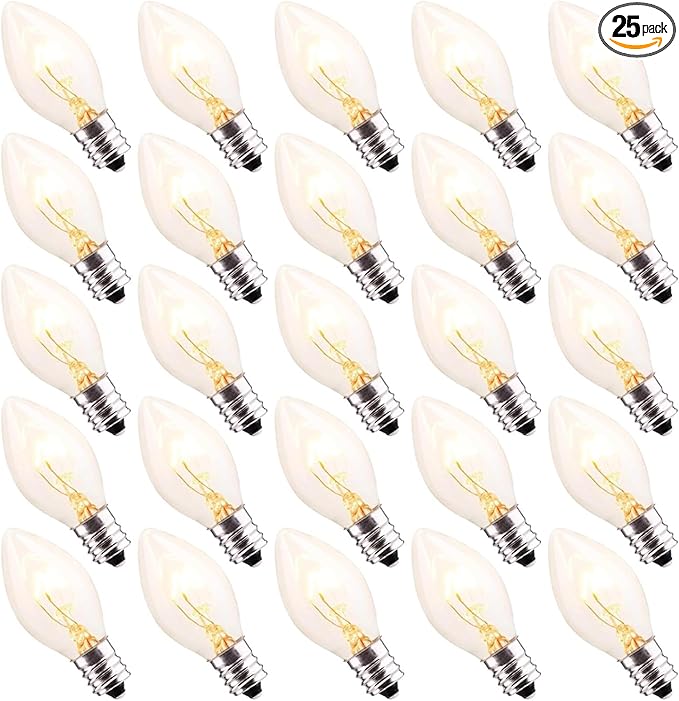 C7 Christmas Relacement Bulbs, 25 Pack Clear Light Bulbs for E12 Candelabra Base Outdoor/Indoor String Lights, 5 Watt