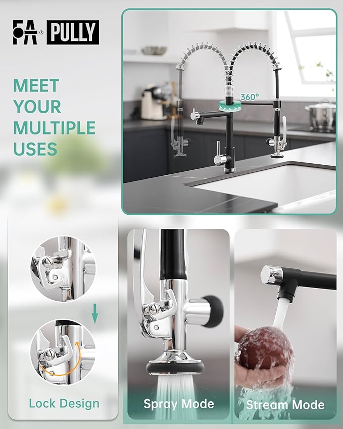 Fapully Kitchen Sink Faucet, Pull Down Kitchen Faucet, Black and Chrome Kitchen Faucets with Sprayer, Single Handle Single Hole Faucets for Kitchen Sinks