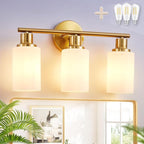 DLLT 3-Light Bathroom Light Fixtures: Gold Modern Vanity Lights with E26 Bulbs - Milky White Glass Shade Bathroom Wall Lamp for Mirror Kitchen Living Room Hallway Cabinet Porch