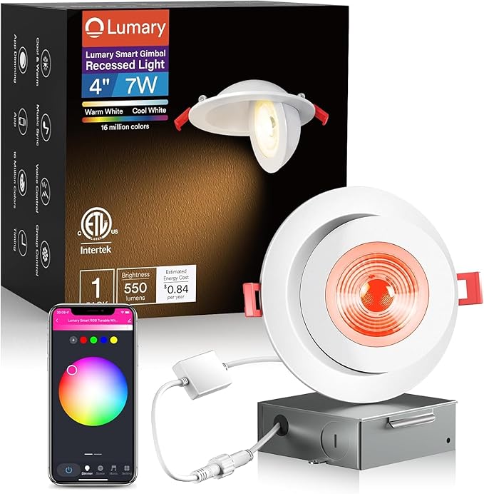 Lumary Smart Gimbal Recessed Lighting 4 Inch, 360°&90° Adjustable COB Eyeball Ceiling Light, 7W 550lm RGBCW, Color Changing Canless LED Downlight, Compatible with Alexa/Google Assistant, ETL, 1 Pack