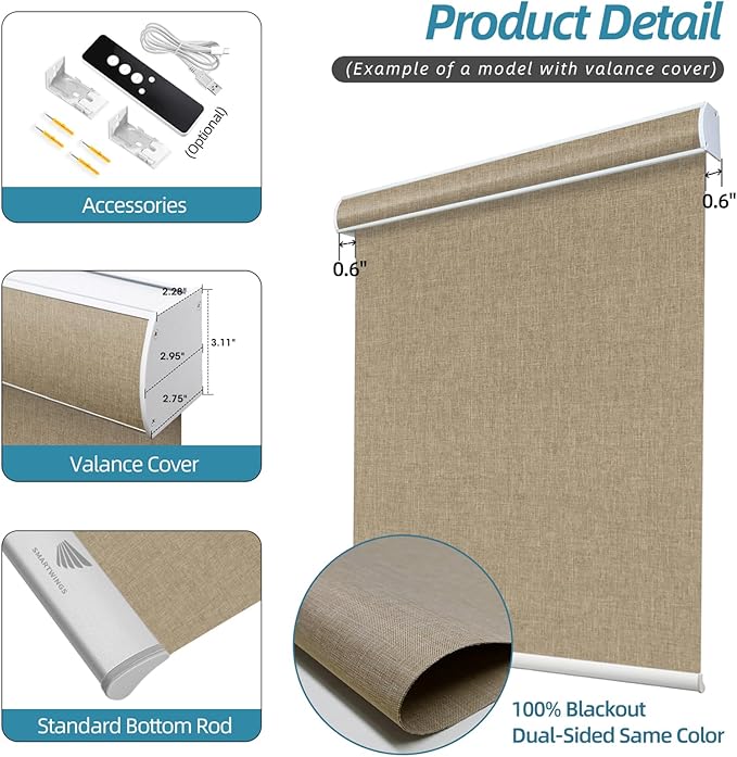 SmartWings Motorized Smart Blinds with Remote, Automatic Blackout Roller Shade Work with Alexa Homekit Thread Google Z-Wave, Electric Blind for Window, Custom Width Up to 110" W,Bouvardia Light Brown