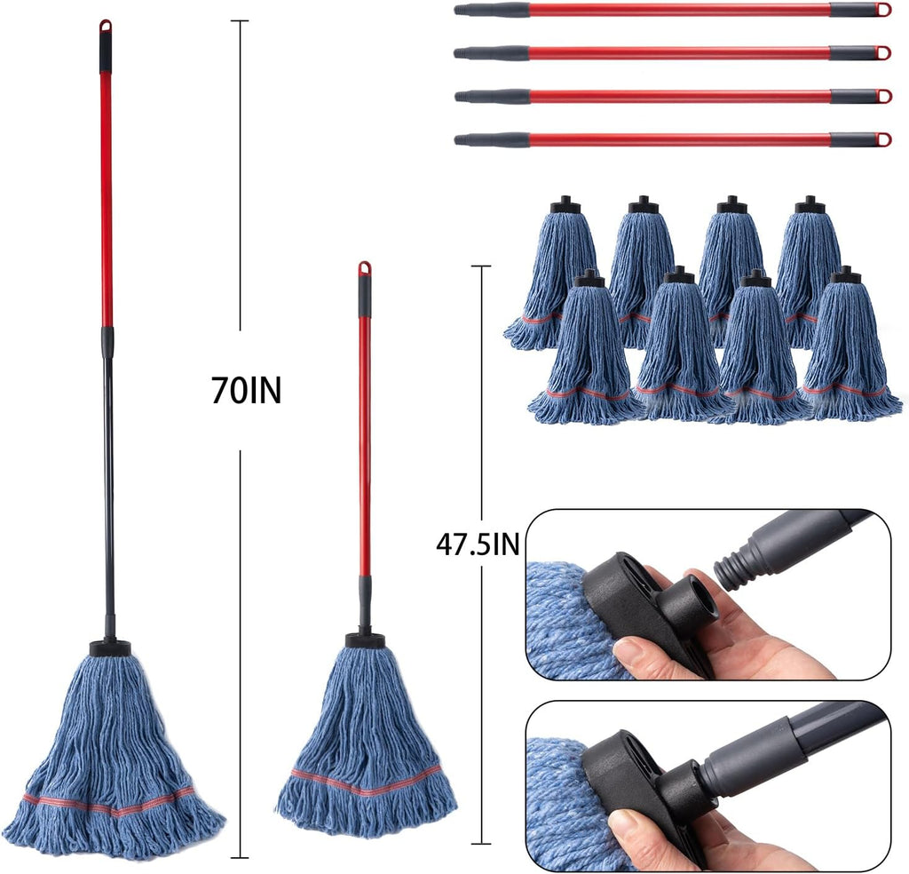 Matthew Large Commercial&Residential Mop Heavy Duty Industrial Mops w/Screw-on Handle(Fit Standard American Screw) Looped-End String Wet Cotton Mops for Home,Office,School - 4 Set&4 Mop Replacements