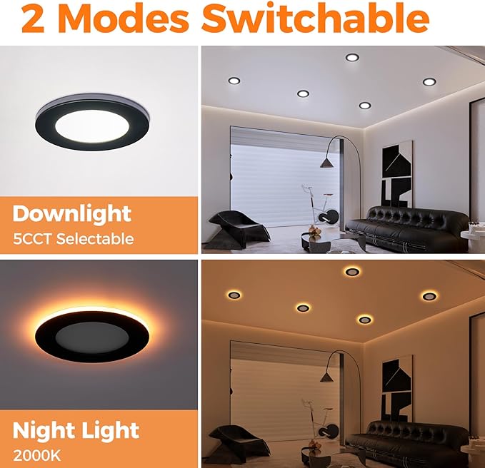 24 Pack 4 Inch Led Recessed Lights with Night Light, Canless Ultra Thin Wafer Soffit Recessed Lighting Downlight, Dimmable & 5 Color Temperature Selectable, 9W, ETL, Black
