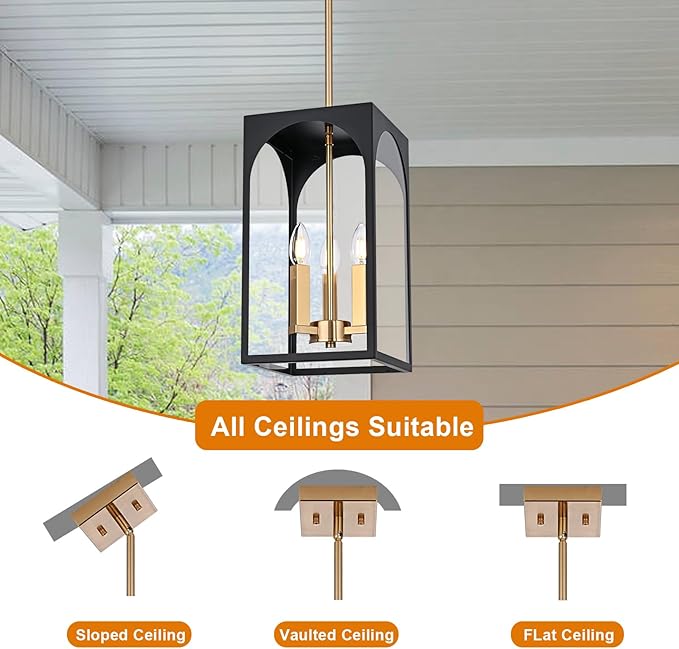 VINLUZ 3 Lights Outdoor Pendant Light Fixture in Black and Brushed Brass Finish, Classic Indoor Outdoor Hanging Lantern Lighting with Clear Glass Shade for Porch Entryway Hallway