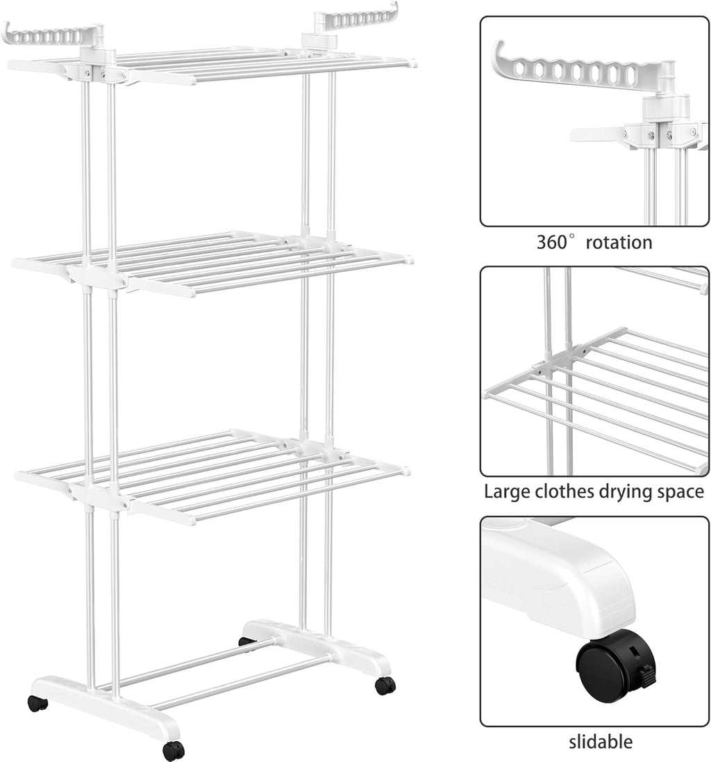 HOMIDEC Clothes Drying Rack, Large 4-Tier Foldable Drying Rack Clothing(67.7H x 19.7W x 30L Inches), Movable Drying Rack with 4 castors. Multifunctional Stainless Steel Laundry Drying Rack, White
