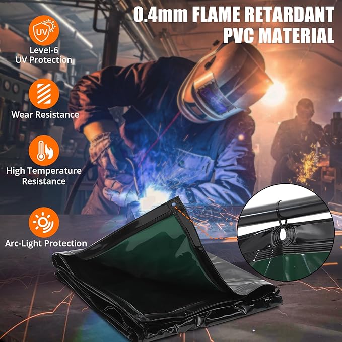 3-Panel 6x6ft Flame-Resistant Welding Screen with Lockable Wheels - Transparent PVC Welding Curtain & Steel Frame, Green Safety Partition for Workshops/Garages