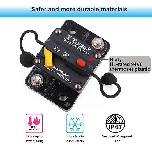 E9 30 Amp Circuit Breaker 12V - 72V DC with Manual Reset | UL Certified Waterproof IP67 | Surface Mount 30A Switch Button with LED Indication