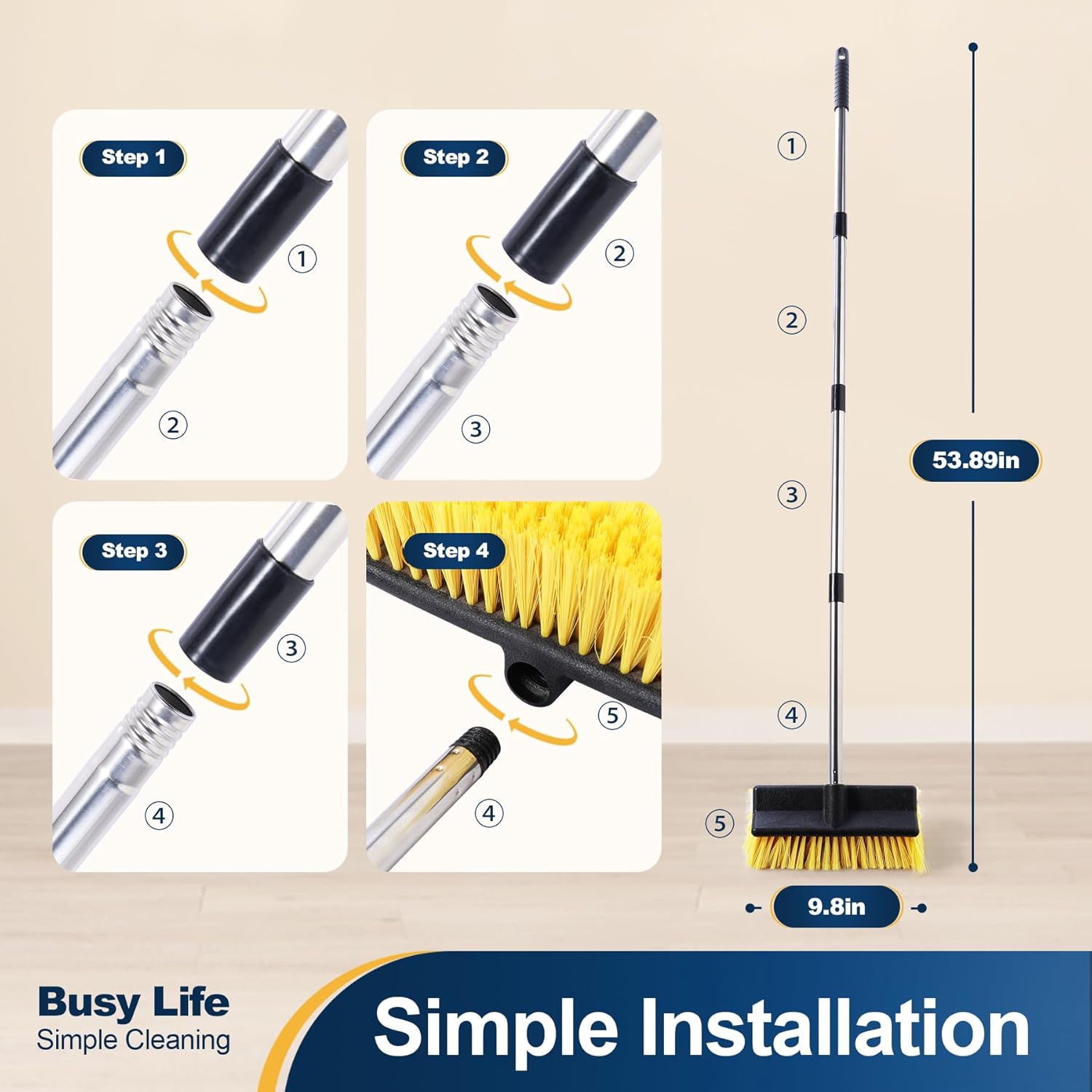 Yocada Deck Brush with 4-Section Extendable Handle Floor Scrub Brush Soft &Medium Bristles Non-Slip Grip for Outdoor Deck Patio Bathroom Garage Concrete Cleaning 53.89 Inch