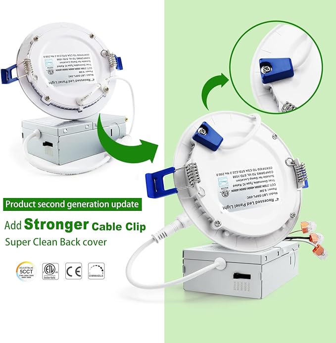 zouzai 1 Pack 4 Inch 5CCT Ultra-Thin LED Recessed Ceiling Light with Junction Box, 2700K/3000K/3500K/4000K/5000K Selectable, 9W Eqv 80W, Dimmable, led can Lights - ETL and Energy Star Certified