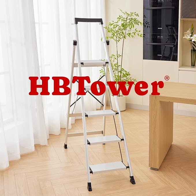 HBtower 5 Aluminum Step Ladder, Strudy Ladders for Home with Tool Tray, Anti-Slip Folding Step Stool for Adults, Light Weight Portable 330lbs Safety for Kitchen Warehouse Outdoor Work