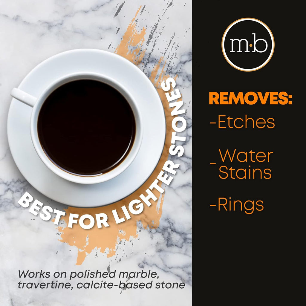 MB-11 Marble Polishing Powder with Microfiber Cloth and Gloves - Spot Polish Water Stains, Rings or Etches to Restore Marble, Travertine, Limestone or Onyx