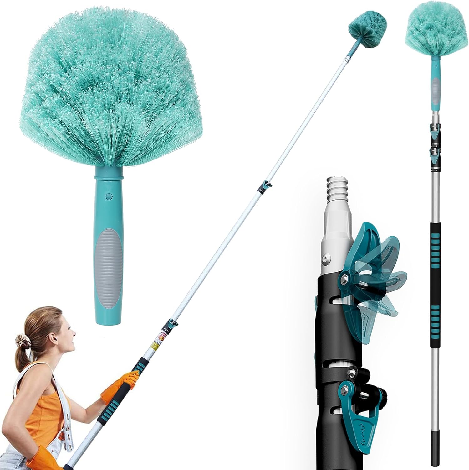 20 Feet High Reach Cobweb Duster with 5-12Ft Extension Pole, Webster Cobweb Duster with 3-Stage Telescopic Aluminum Pole, Spider Web Brush for Outdoor & Indoor Cleaning - Soft Bristles.