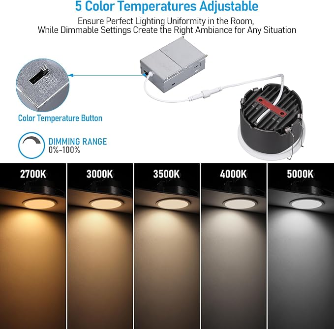 TORCHSTAR 4 Inch 5CCT LED Anti Glare LED Recessed Lights with J-Box, Narrow Trim Recessed Ceiling Light, Deep Trim Canless Downlight, Dimmable, CRI 90, 2700-5000K Selectable, ETL T24 FCC, Pack of 4