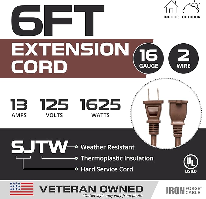 Iron Forge Cable 2 Prong Outdoor Extension Cord 6 ft, 16/2 SJTW 6 Foot Brown Extension Cord, Weatherproof - Great for Outdoor Lights, Deck, Patio