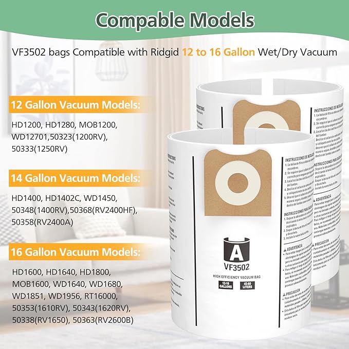 15 Pack 23743 VF3502 Vacuum Bags Compatible with Ridgid 12 to 16 Gallon Wet Dry Vacuums, High Efficiency Replacement Filter Bags for Model WD1950 WD1956 WD1850 WD1851 RV2400HF WD1450 WD1680 WD1270