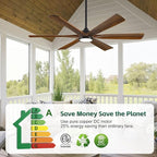 60 Inch Indoor Outdoor Ceiling Fan with Light and Remote - 6 Solid Wood Blades, High CFM Quiet Reversible Energy Efficient DC Motor, 6/12/24 Inch Down-rod, Damp-rated for Patios Porch Gazebo Garage