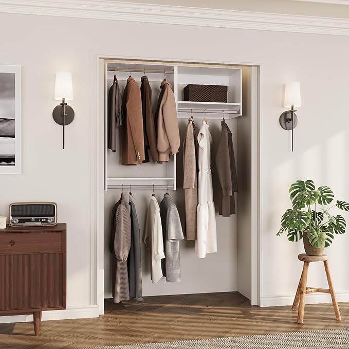 ROOMTEC Modular Closet System, 40" Wall-Mounted Closet Organizer with Hanging Rods, Wooden Tower for Walk-In Closets, Wardrobe Storage Kit, White