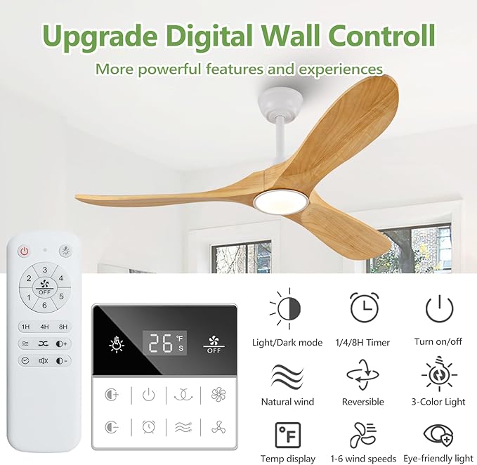 52 inch Natural Wood Ceiling Fan with Light and Remote Control,Ceiling Fans with Lights, 3CCT, Dimmable, Quiet Reversible Motor, Modern Ceiling Fan for Bedroom Indoor/Outdoor Use