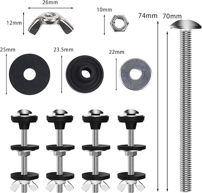 4PCS Universal Toilet Seat Bolts Kit, Heavy Duty Toilet Tank Bolts Replacement, Waterproof Stainless Steel Toilet Seat Screws and Rubber Washers Gaskets with Extra Long Nut