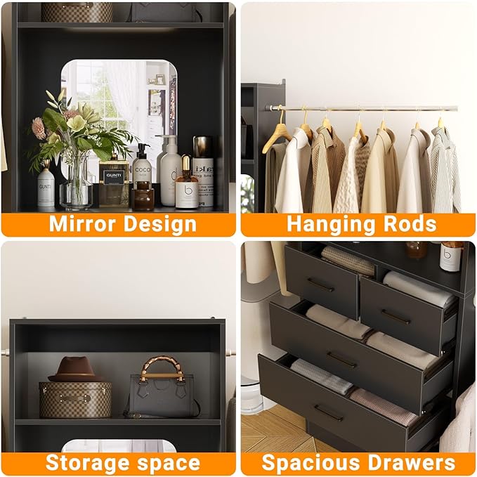 Unikito Closet Systems, 6-14FT Walk in Closet Organizer with 8 Drawers and Mirror, 168" Large Wood Closets Insert with Tower, Sturdy Wardrobe Closets Garment Rack with Extendable Hanging Rods, Black