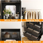 Unikito Closet Systems, 6-14FT Walk in Closet Organizer with 8 Drawers and Mirror, 168" Large Wood Closets Insert with Tower, Sturdy Wardrobe Closets Garment Rack with Extendable Hanging Rods, Black