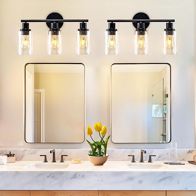 DLLT 3-Light Bathroom Light Fixtures: Black Modern Vanity Lights with 3 E26 Bulbs - Clear Glass Shade Bathroom Wall Lamp for Mirror Kitchen Living Room - 2 Packs