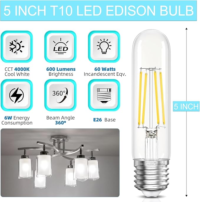 Tubular LED Edison Bulb Dimmable 4000K Neutral White, 6W, 60 watt Equivalent, E26 LED Light Bulbs, T10 Edison Bulbs for Chandeliers, Ceiling Fan, 90+CRI 600LM, 6 Pack