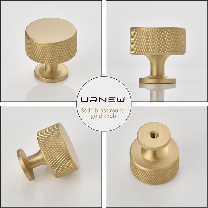 Urnew- 5 Pack Solid Brass Kitchen Cabinet Knobs 1.1 Inch Brushed Gold Dresser Drawer Knobs Knurled Door Pulls for Vanity Table Cupboard Closet Kitchen Hardware