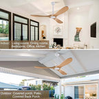 52 Inch Ceiling Fans Without Light, Solid Wood Ceiling Fan No Light with 3 Blades and Remote Control, DC Motor, Indoor Outdoor Ceiling Fans for Patio, Garage, Living Room, Bedroom, Office