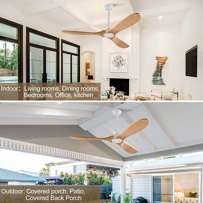 52 Inch Ceiling Fans Without Light, Solid Wood Ceiling Fan No Light with 3 Blades and Remote Control, DC Motor, Indoor Outdoor Ceiling Fans for Patio, Garage, Living Room, Bedroom, Office