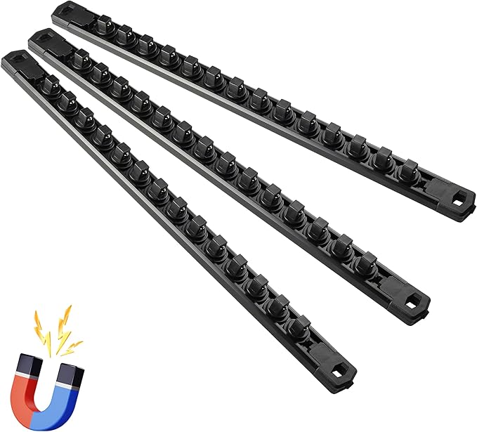 Magnetic Socket Organizer, 3-Piece Heavty Duty Aluminum Socket Holder, Socket Rail for Tool Box, Premium Quality 360° Swivel Socket Rack with 42 Clips for 3/8-Inch(Black)