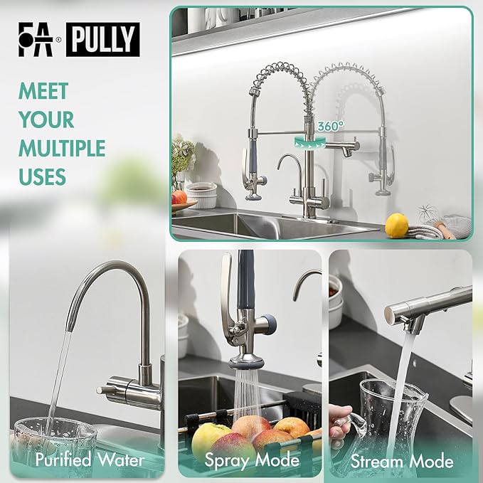 Fapully 3 in 1 Kitchen Faucet with Water Filler and Pull Down Sprayer,Brushed Nickel Commercial Kitchen Sink Faucet with Drinking Water Faucet