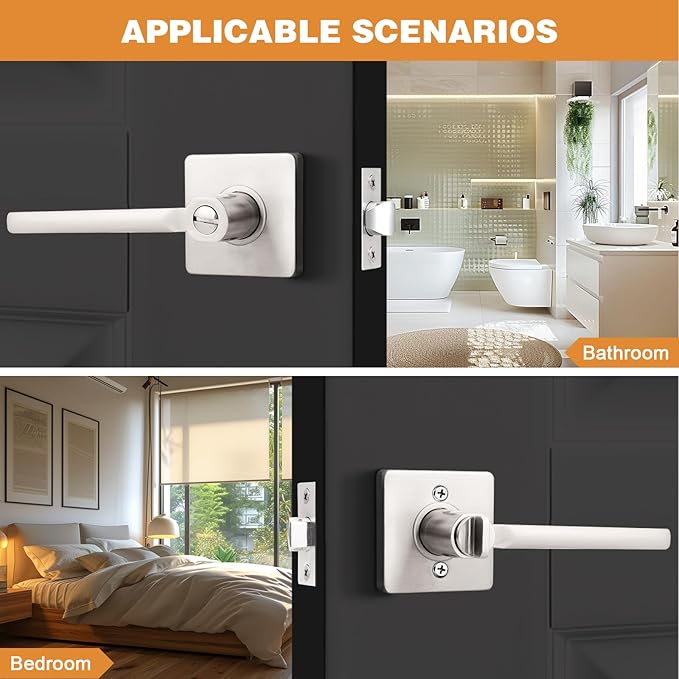 Probrico Privacy Door Handle Interior Heavy Duty Square Brushed Nickel Door Knobs for Bedroom Bathroom Reversible Keyless Door Lever Satin Nickel, 8 Pack