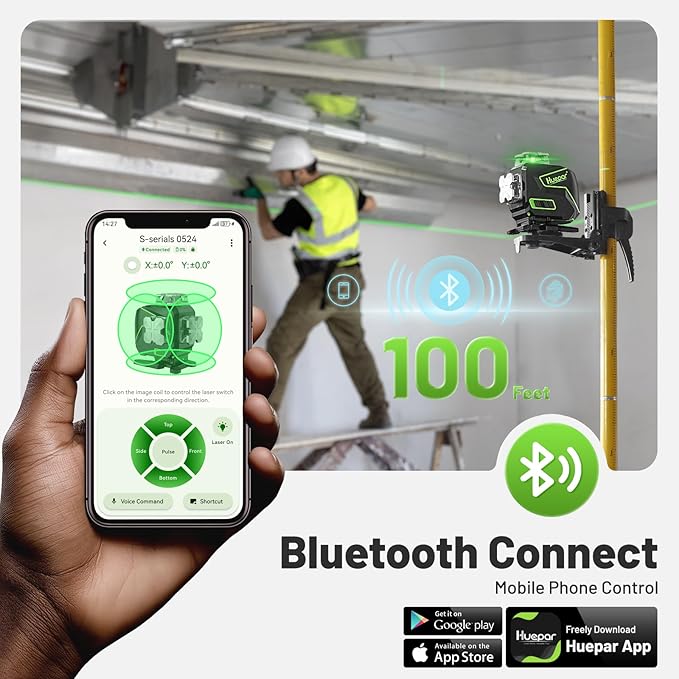 Huepar 16 Lines Self Leveling Laser Level 4x360° Cross Line Laser with Receiver -LCD Screen, 4D Bluetooth Green Beam Tiling Floor Laser Tool, 360° Horizontal/Vertical Laser Kit -Remote Control S04-5RG