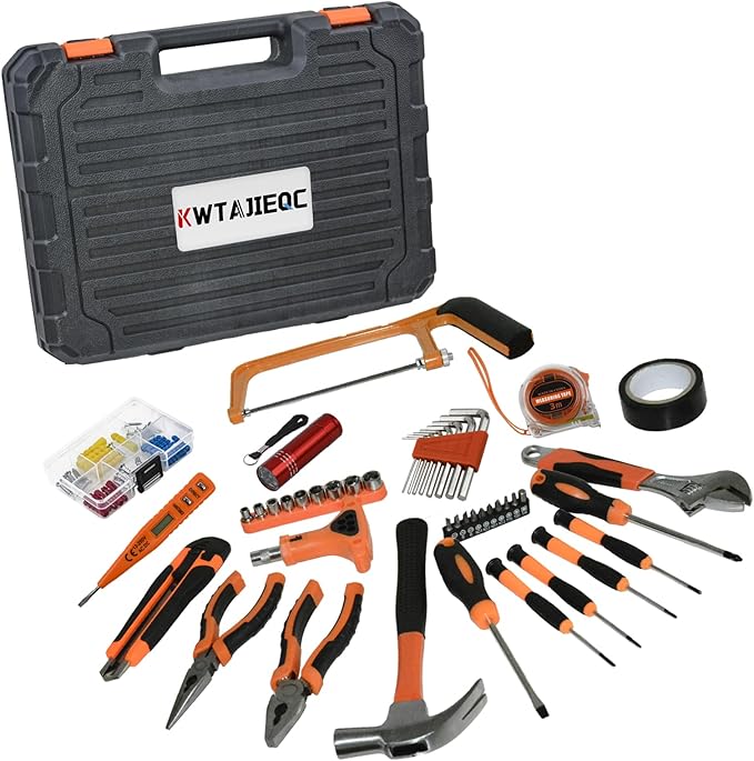45 Piece Tool Kit Basic Home Repair Tool Set,General Household Tool Kit with Plastic Tool box,Perfect for Outdoor working,Office & College Dorm.Tools mainly include hand saw,wrench,hammer,Screwdriver