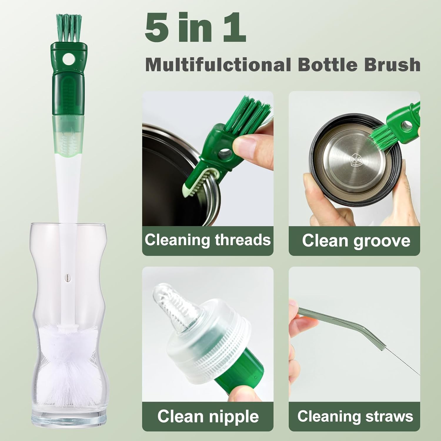 XYFuuee 5 Pack Bottle Brush Set, 5 in 1 Water Bottle Cleaning Brush, Long Handle Narrow Wine Cup Cleaner, 3 Straw Brushes for Stanley, Travel Nipple Lid Gap Detail Washer Brush