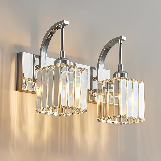 Crystal Vanity Lights 2-Light Chrome Wall Lamp Modern Crystal Bathroom Light Fixtures Over Mirror 13.77" Long Bathroom Wall Sconce