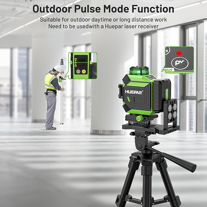 Huepar 4x360 Laser Level Self-leveling 4D Green Beam Cross Line 16 Lines Tiling Floor Laser Tool -2x360 Horizontal/Vertical Laser Lines -rechargeable Li-ion Battery & Integrated Magnetic Bracket 704CG