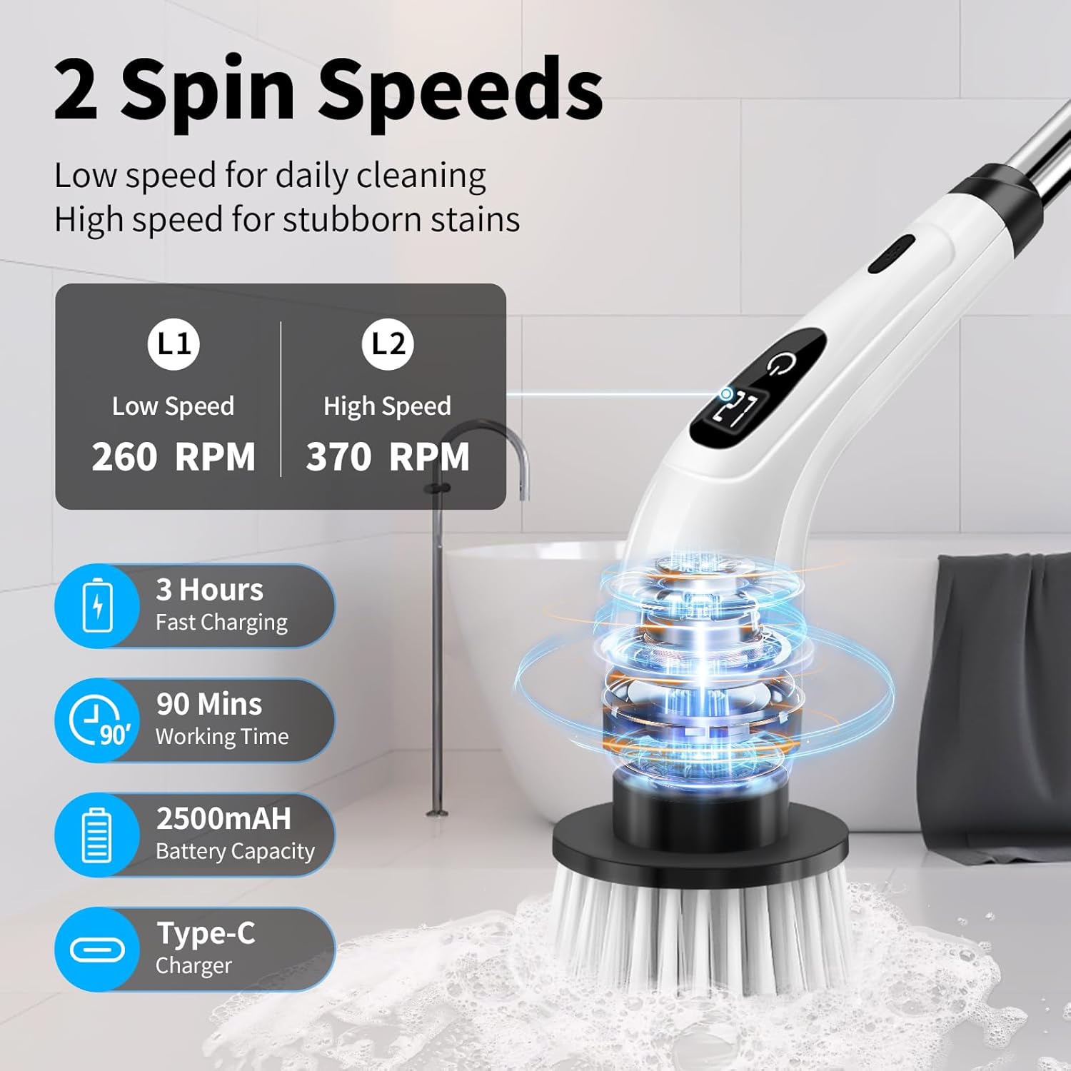 GOXAWEE Electric Spin Scrubber, Cordless Cleaning Brush with 8 Replaceable Brush Heads, Power Shower Scrubber with Long Handle for Bathroom, Tub, Tile, Floor (White)