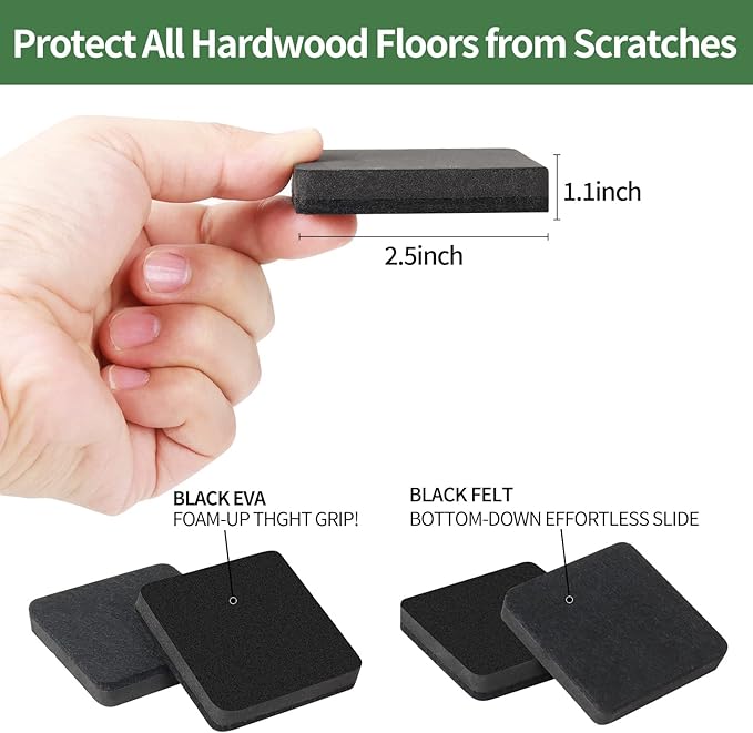 Ezprotekt 2.5" Felt Furniture Movers Sliders for Hardwood Floors, 24 Pcs Reusable Square Felt Furniture Moving Pads for Sofa Table Bed Desk Couch Cabinet, Furniture Glides Easily and Quickly (Black)