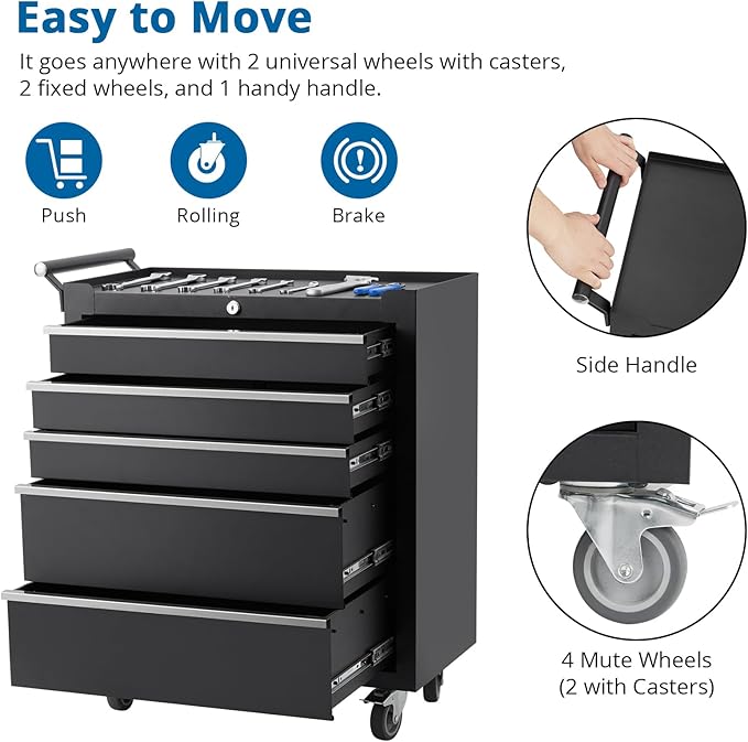 Garvee Rolling Tool Chest, 5 Drawers Tool Storage Cabinet, Toolbox with Wheels, Portable Tool Cabinet Organizer with Locking System & Drawer Liners, Tool Storage Cart for Garage, Workshop, Black